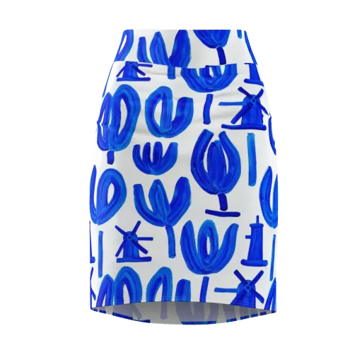 Cobalt Wind Garden on a Pencil Skirt