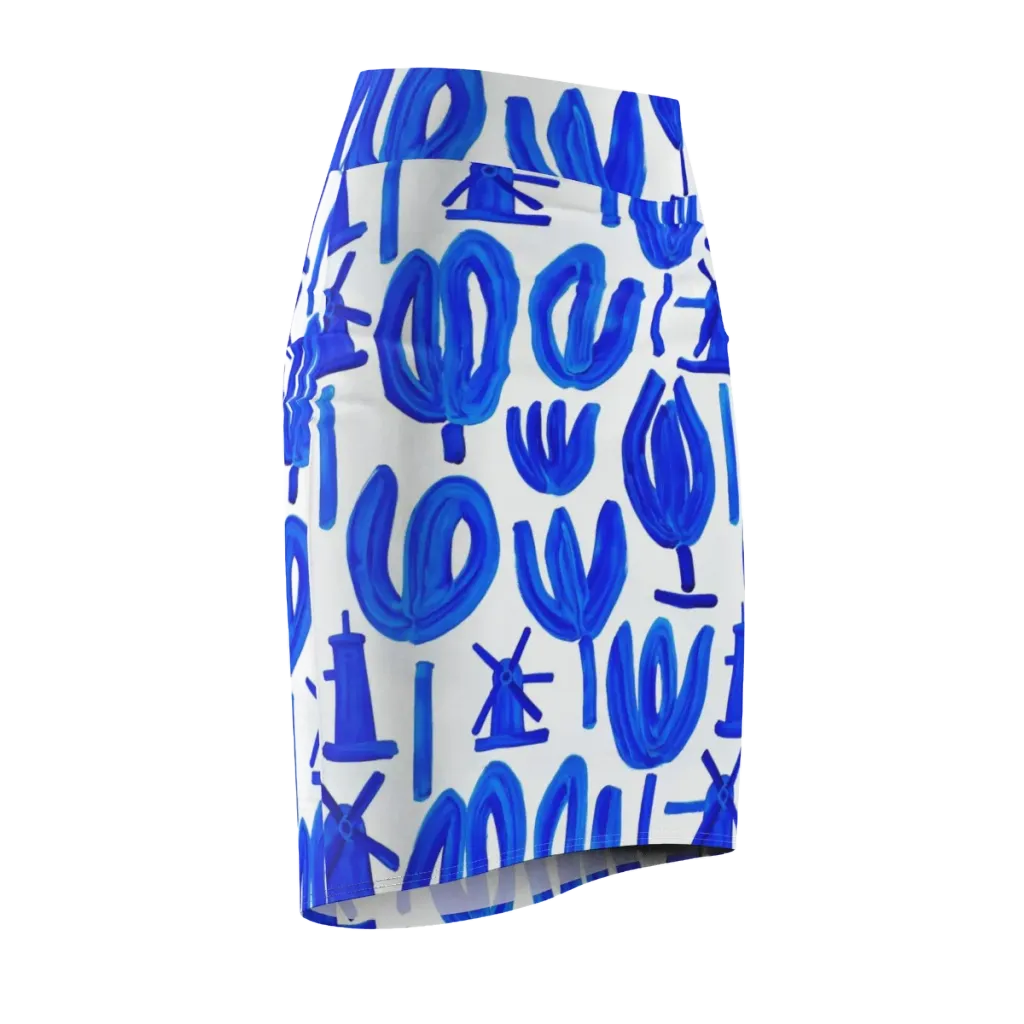 Cobalt Wind Garden on Pencil Skirt — Front Side