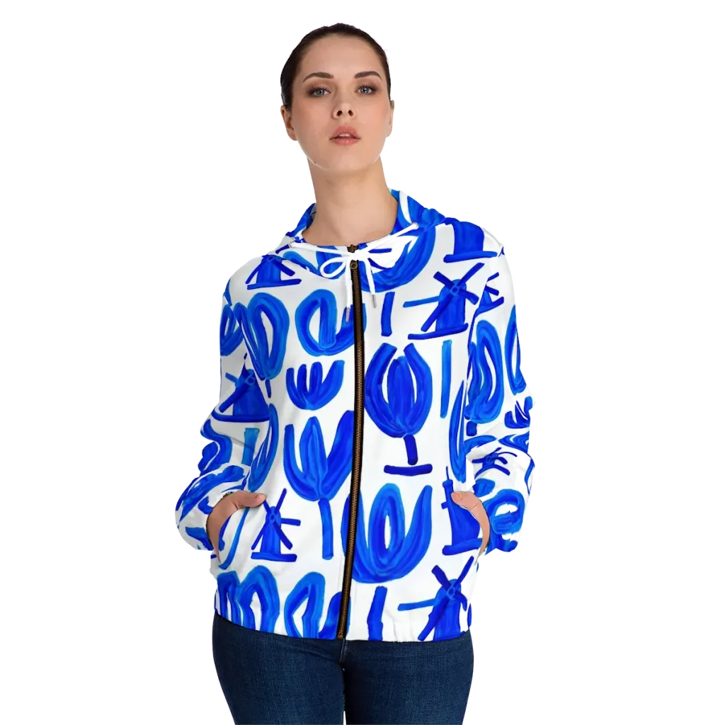 Cobalt Wind Garden on Women's Full-Zip Hoodie — Front On Person