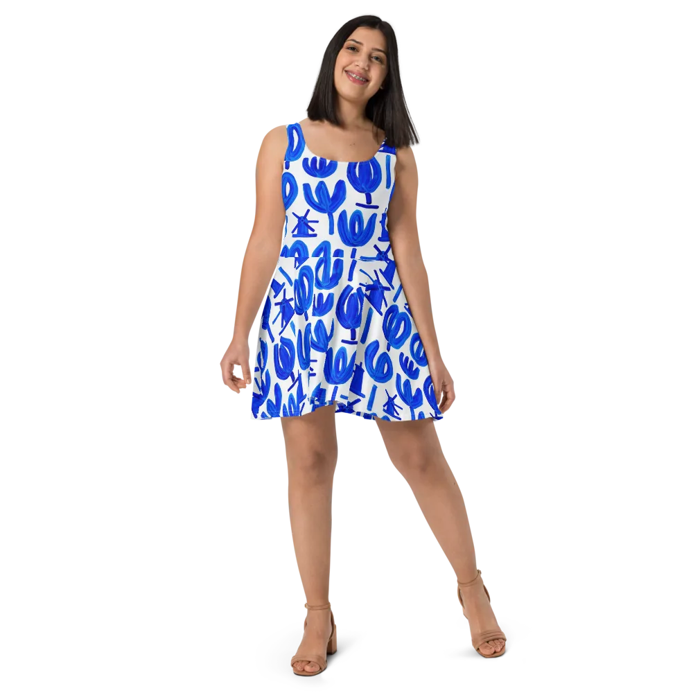 Cobalt Wind Garden on Skater Dress — Front