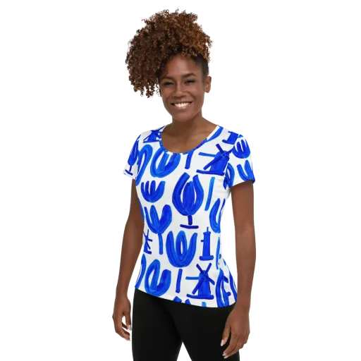 Cobalt Wind Garden on a Women's Athletic T-Shirt