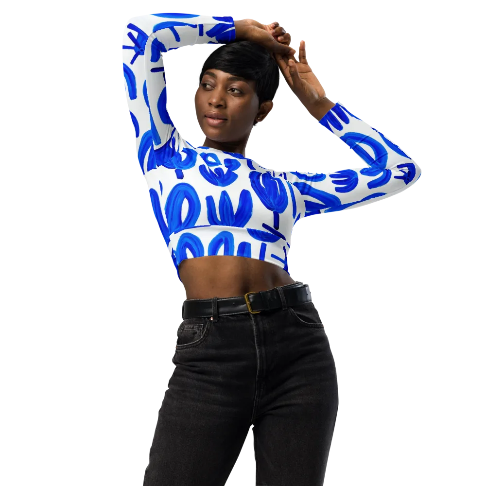 Cobalt Wind Garden on Long Sleeve Crop Top — Front