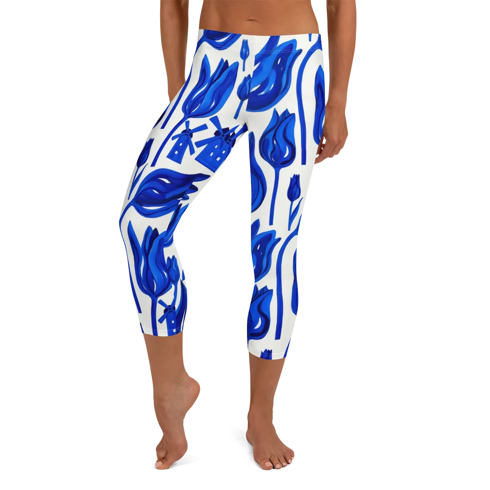 Cobalt Tulip Windmill on Capri Leggings — Front