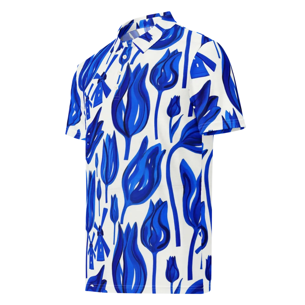 Cobalt Tulip Windmill on Men's Slim Fit Polo Shirt — Left Front