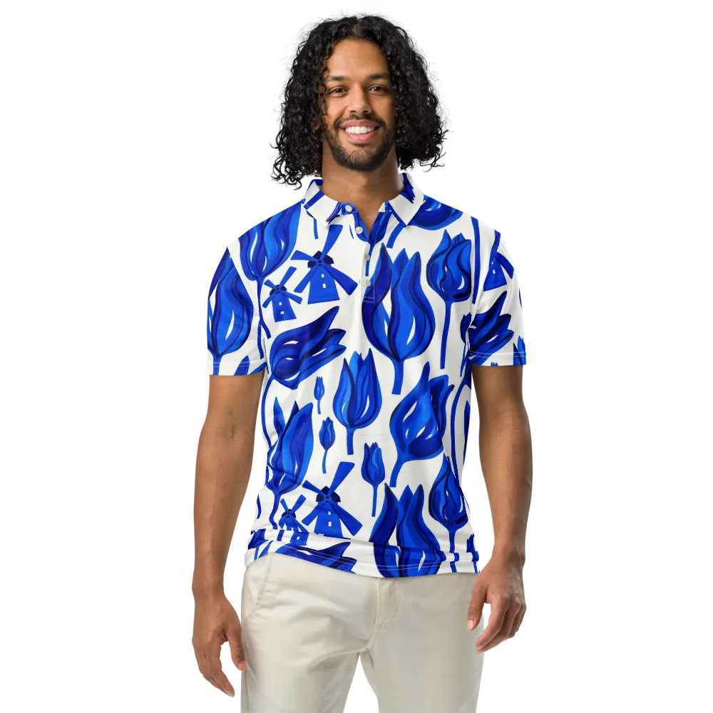 Cobalt Tulip Windmill on Men's Slim Fit Polo Shirt — Front