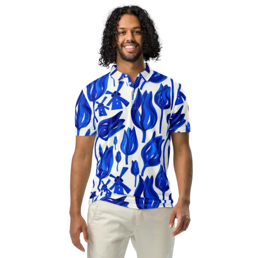 Cobalt Tulip Windmill on a Men's Slim Fit Polo Shirt
