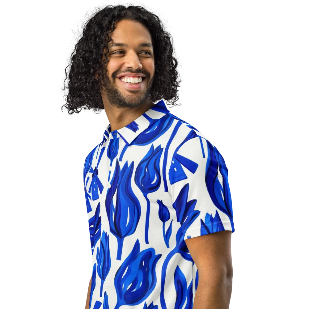 Cobalt Tulip Windmill on Men's Slim Fit Polo Shirt — Left Front