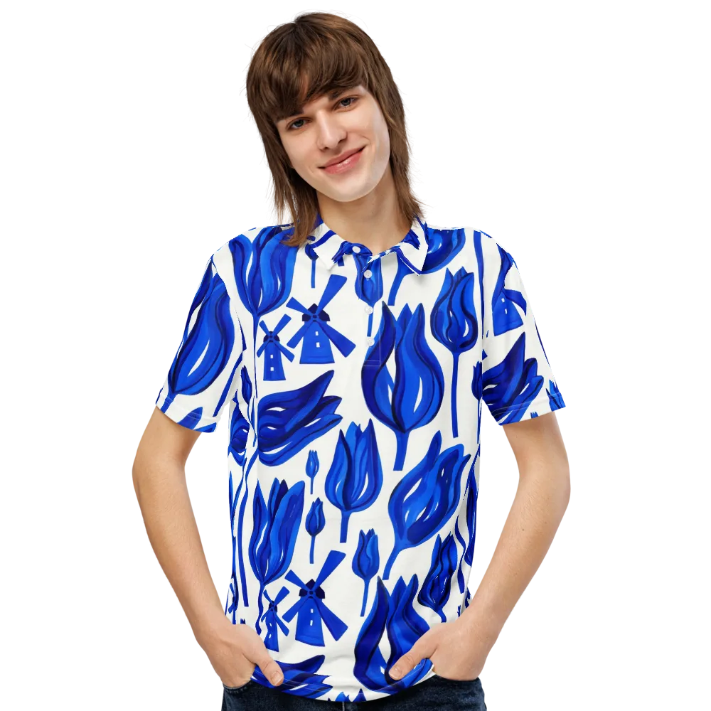 Cobalt Tulip Windmill on Men's Slim Fit Polo Shirt — Front