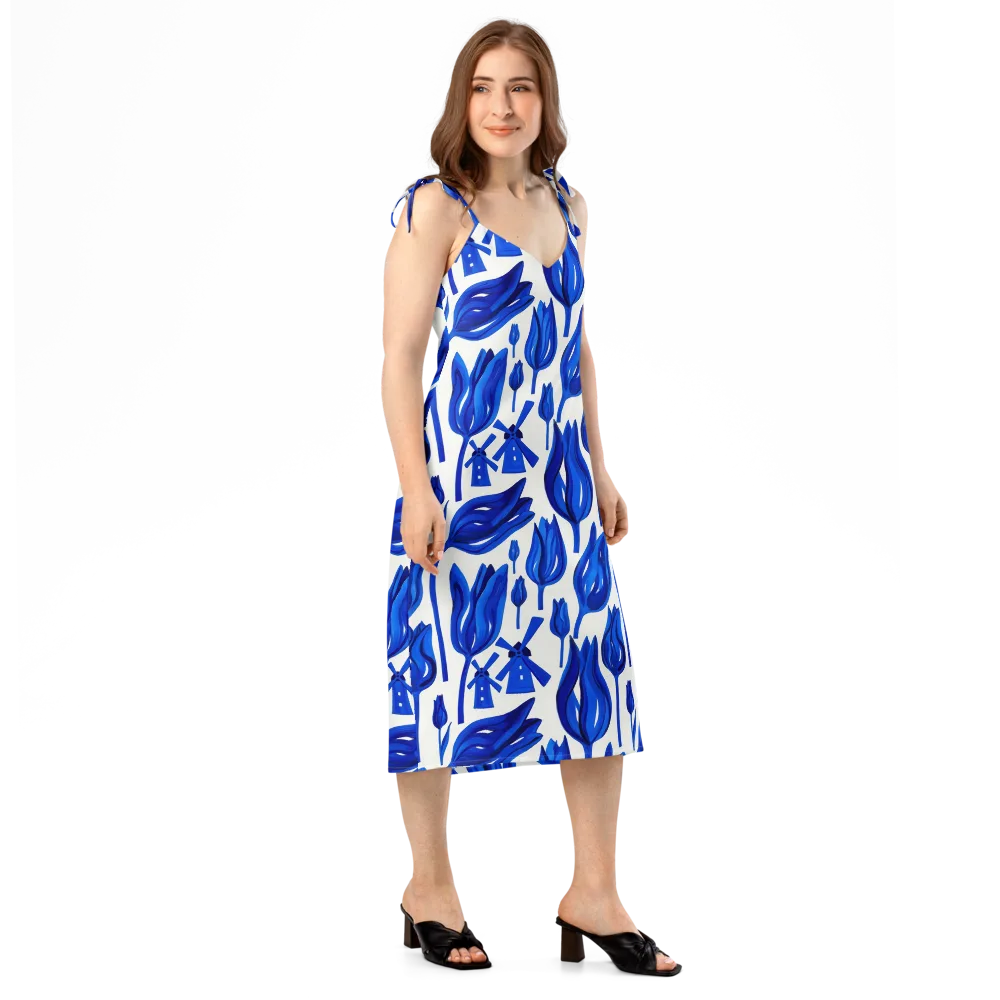 Cobalt Tulip Windmill on Slip Dress — Right Front