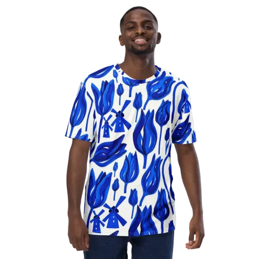 Cobalt Tulip Windmill on a Men's Crew Neck T-Shirt