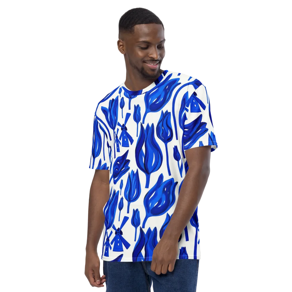 Cobalt Tulip Windmill on Men's Crew Neck T-Shirt — Left