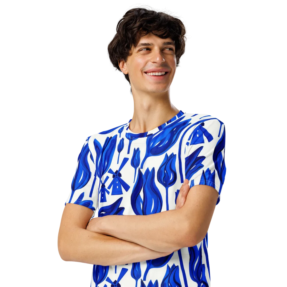 Cobalt Tulip Windmill on Men's Crew Neck T-Shirt — Left Front