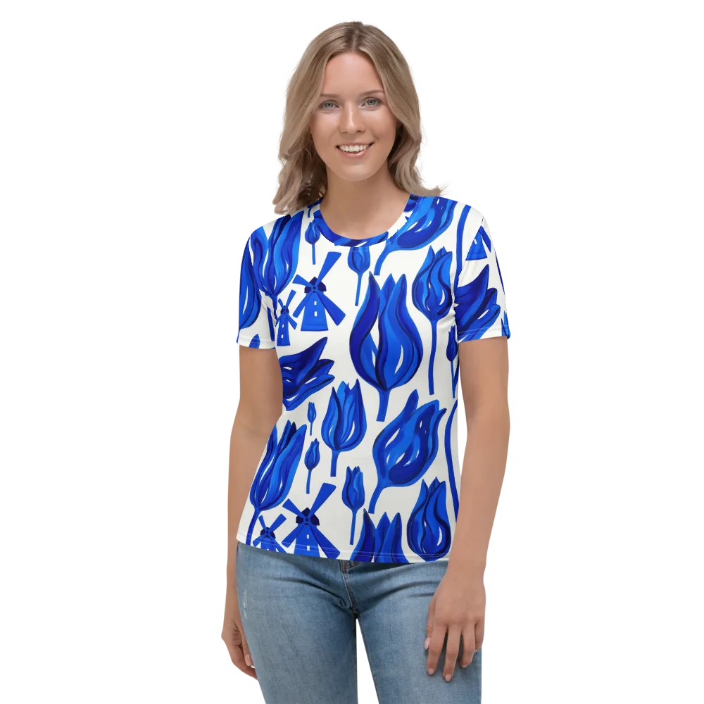 Cobalt Tulip Windmill on Women's Crew Neck T-Shirt — Front