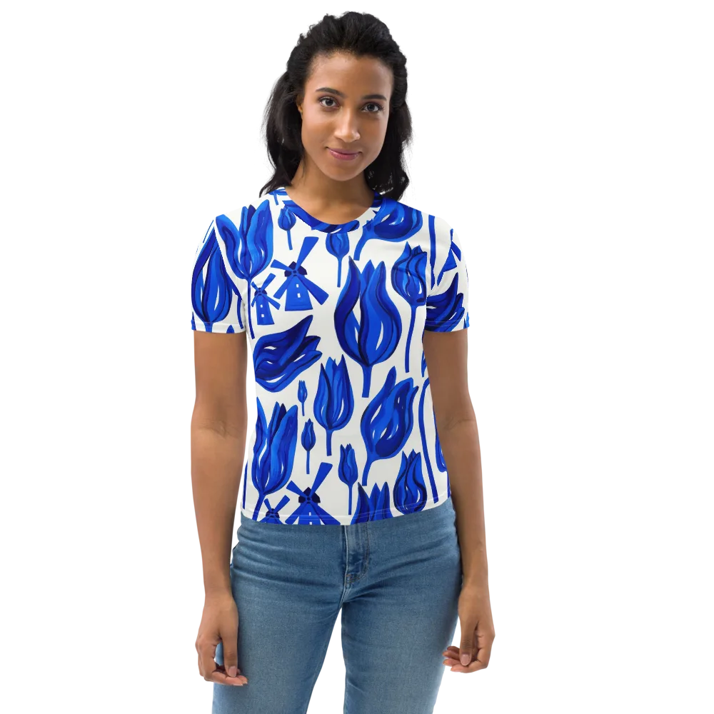 Cobalt Tulip Windmill on Women's Crew Neck T-Shirt — Front