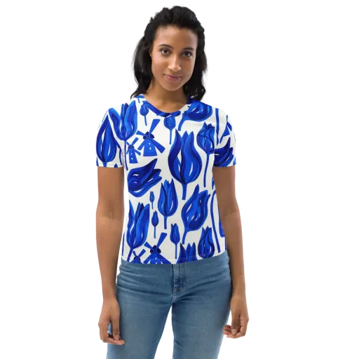Cobalt Tulip Windmill on a Women's Crew Neck T-Shirt