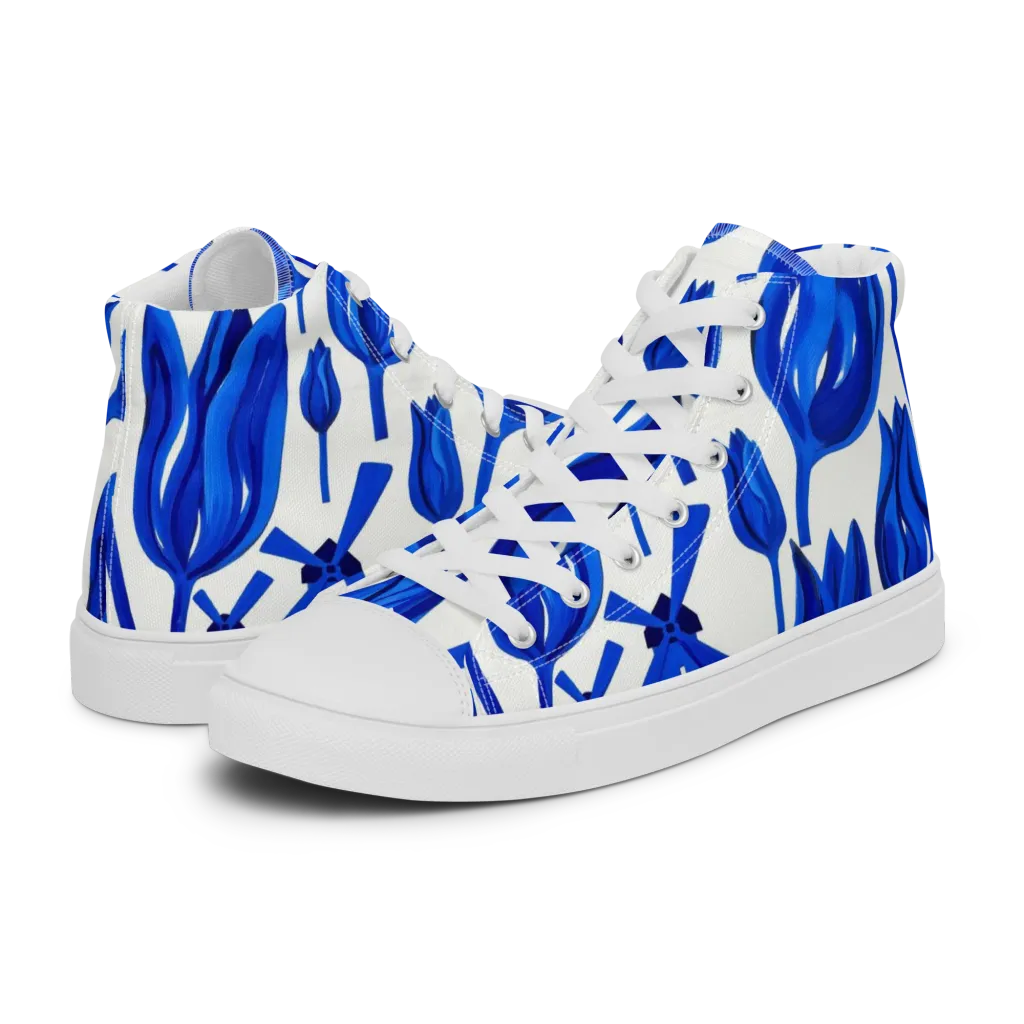 Cobalt Tulip Windmill on Women's High Top Canvas Shoes — Left