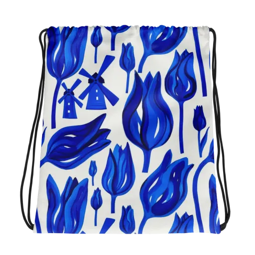 Cobalt Tulip Windmill on a Drawstring Bag