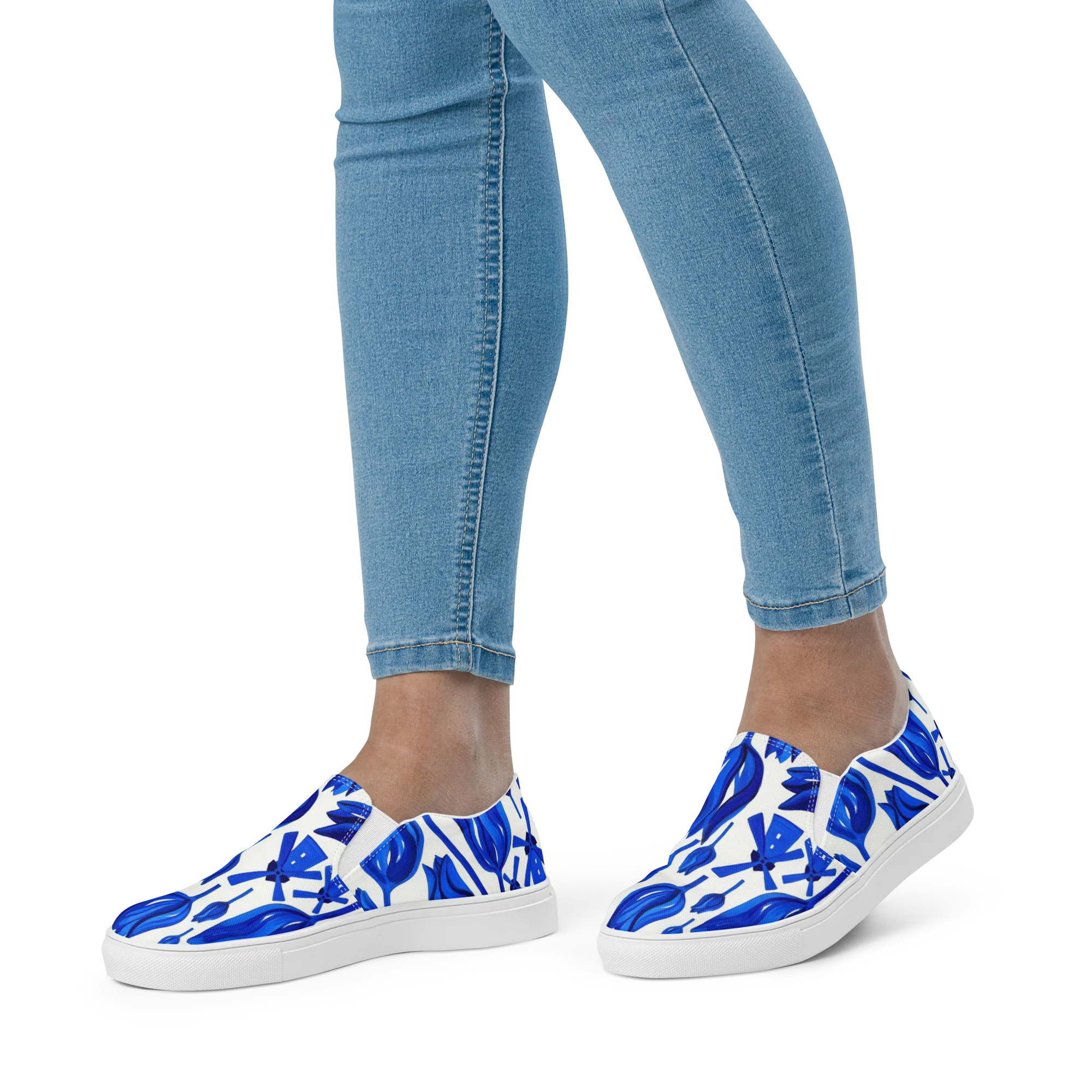 Cobalt Tulip Windmill on Women's Slip-On Canvas Shoes — Front