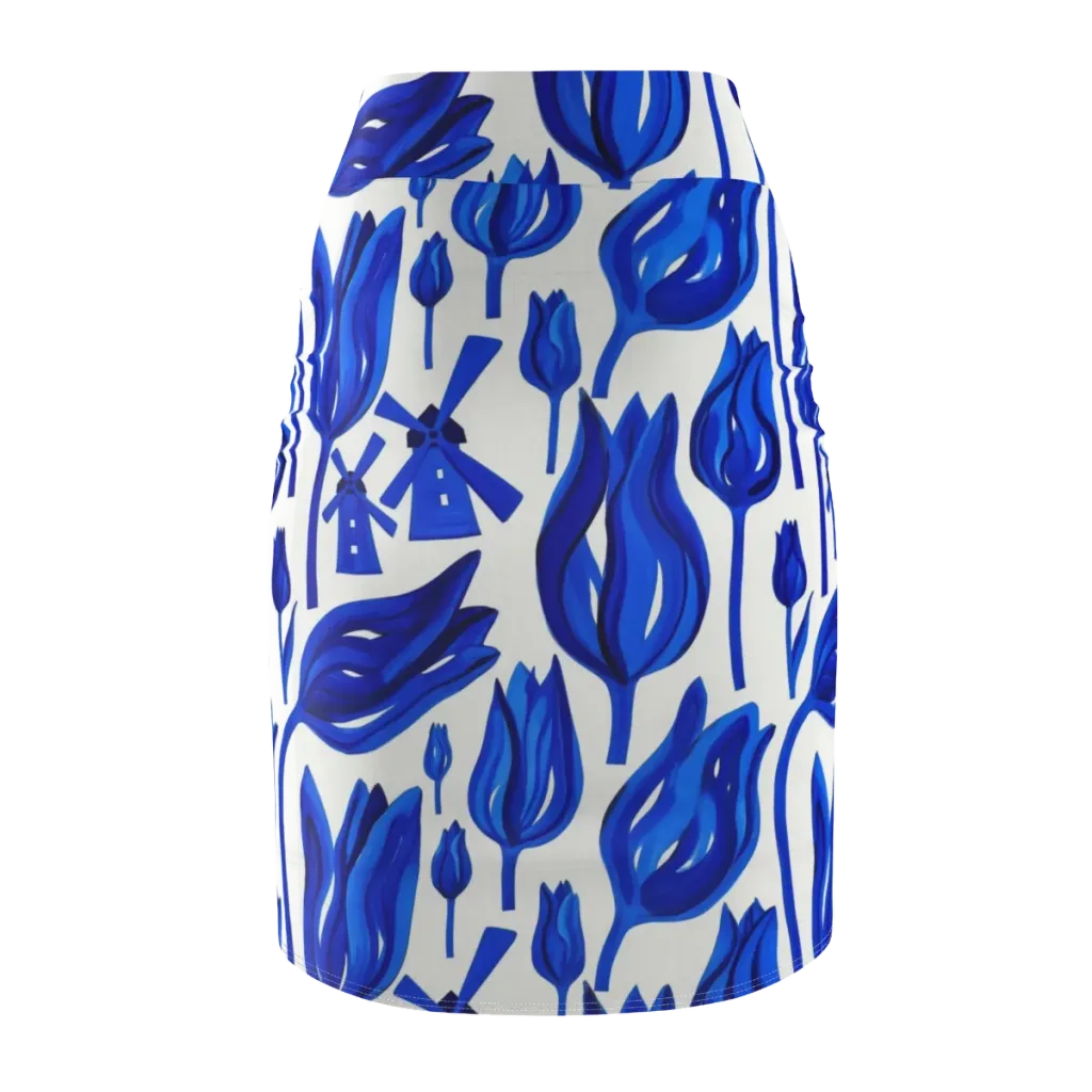 Cobalt Tulip Windmill on Pencil Skirt — Back