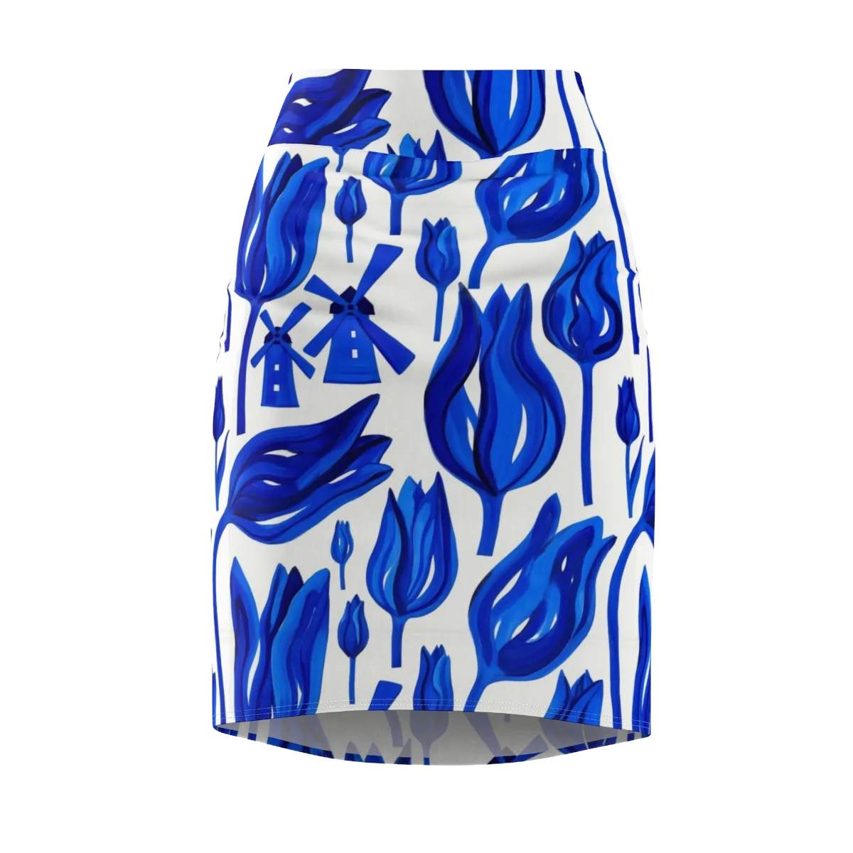 Cobalt Tulip Windmill on Pencil Skirt — Front