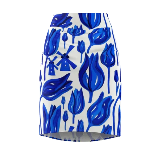 Cobalt Tulip Windmill on a Pencil Skirt