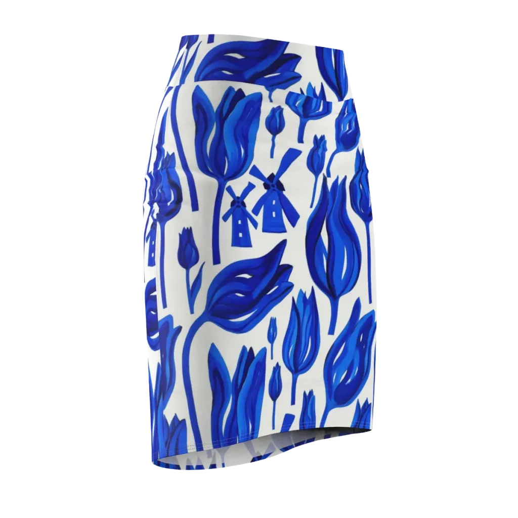 Cobalt Tulip Windmill on Pencil Skirt — Front Side