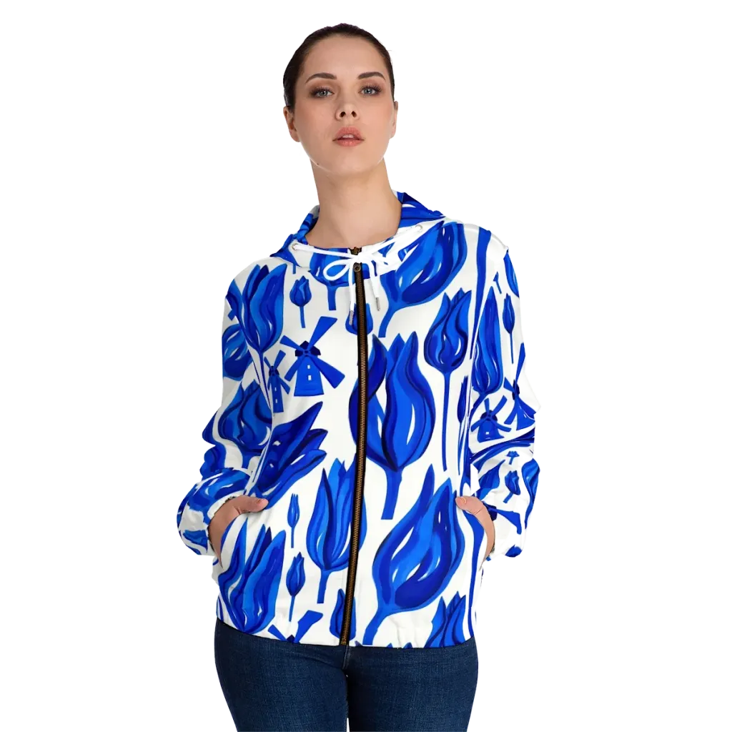 Cobalt Tulip Windmill on Women's Full-Zip Hoodie — Front On Person