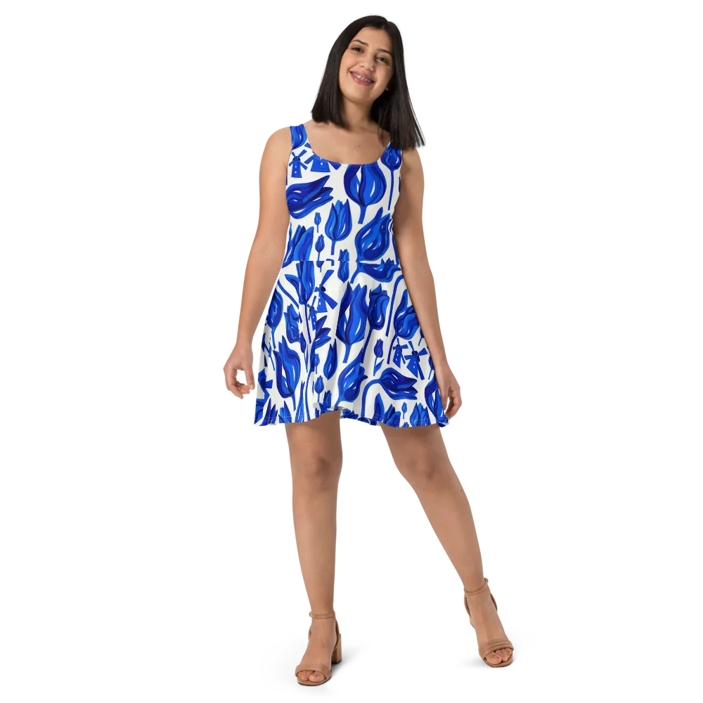 Cobalt Tulip Windmill on Skater Dress — Front