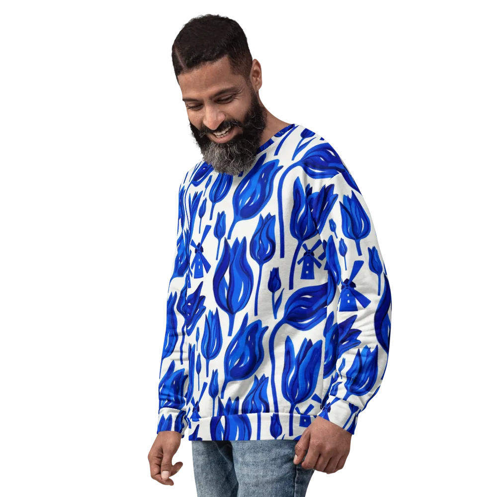 Cobalt Tulip Windmill on Sweatshirt — Left Front