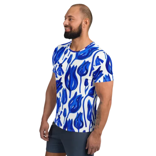 Cobalt Tulip Windmill on a Men's Athletic T-Shirt