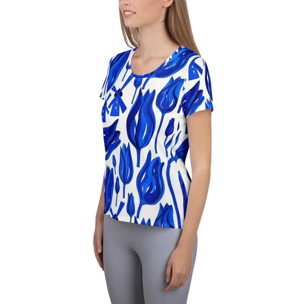 Cobalt Tulip Windmill on Women's Athletic T-Shirt — Left