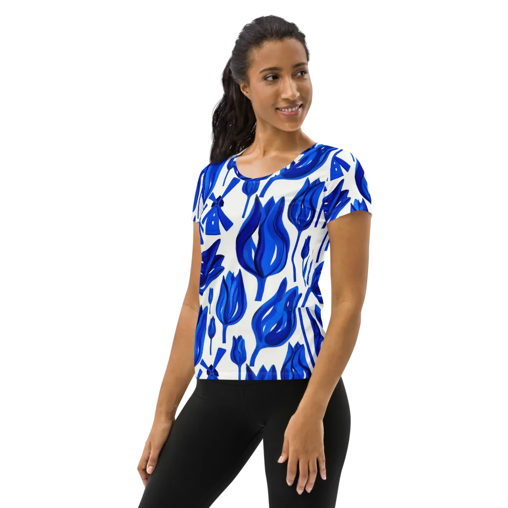 Cobalt Tulip Windmill on Women's Athletic T-Shirt — Left