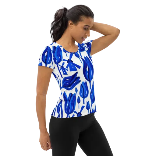 Cobalt Tulip Windmill on a Women's Athletic T-Shirt