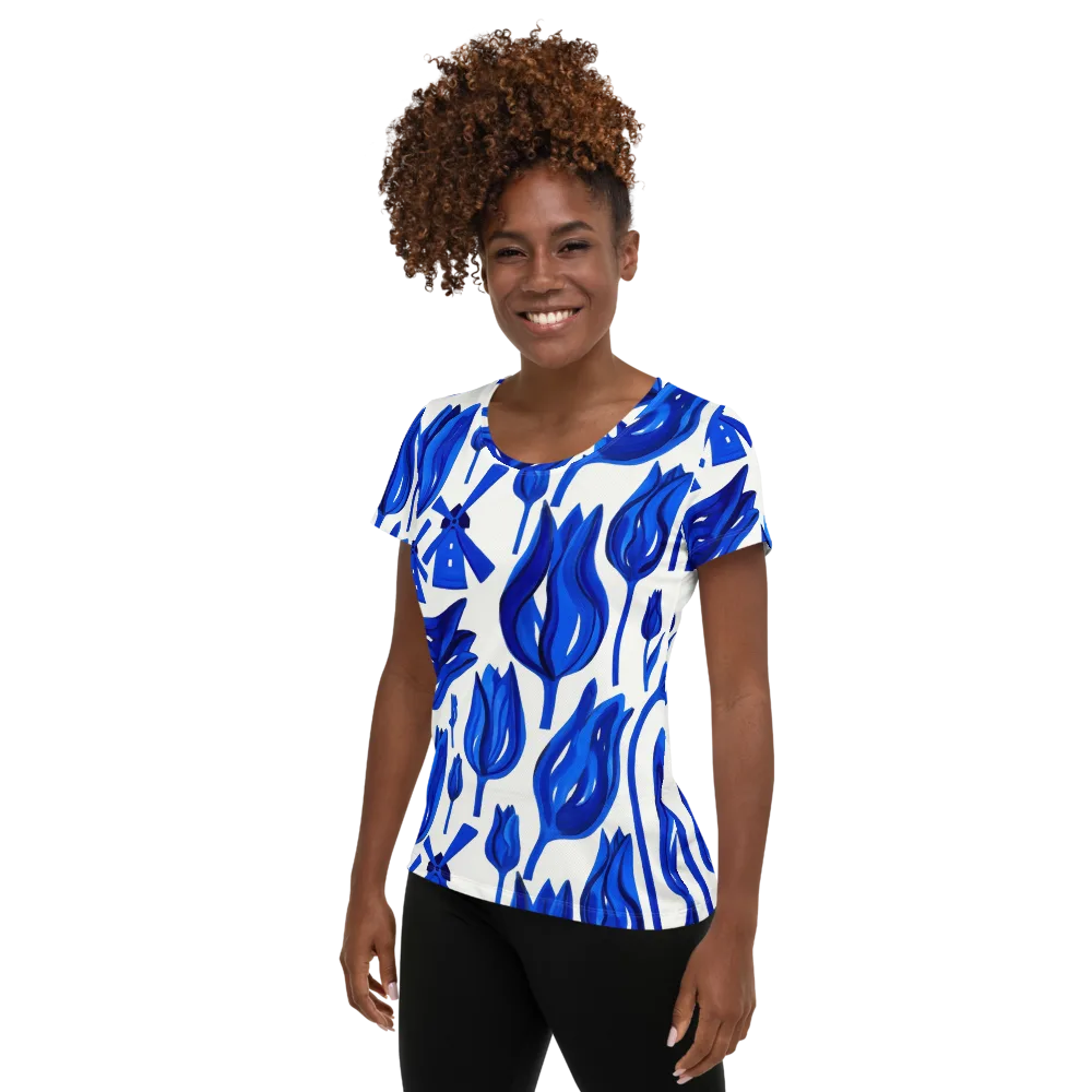 Cobalt Tulip Windmill on Women's Athletic T-Shirt — Left