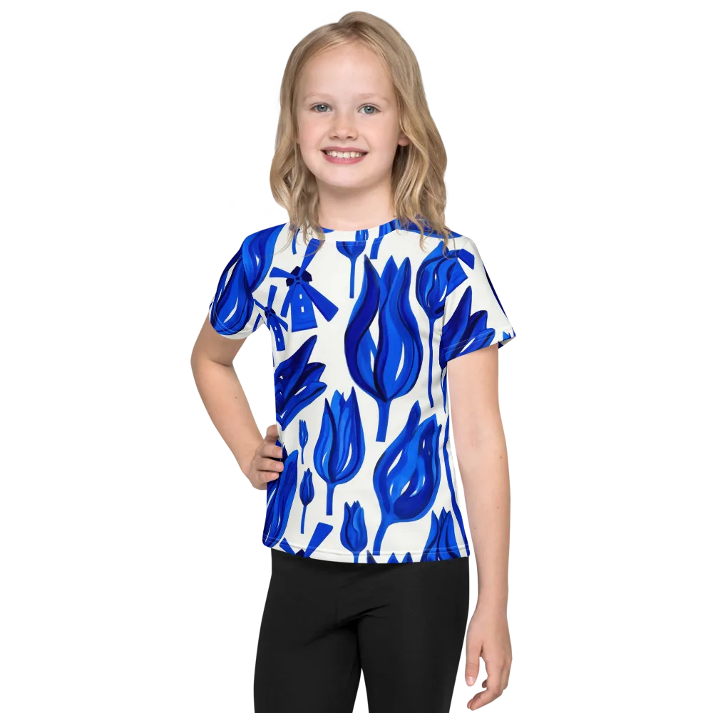 Cobalt Tulip Windmill on Kids Crew Neck T-Shirt — Front