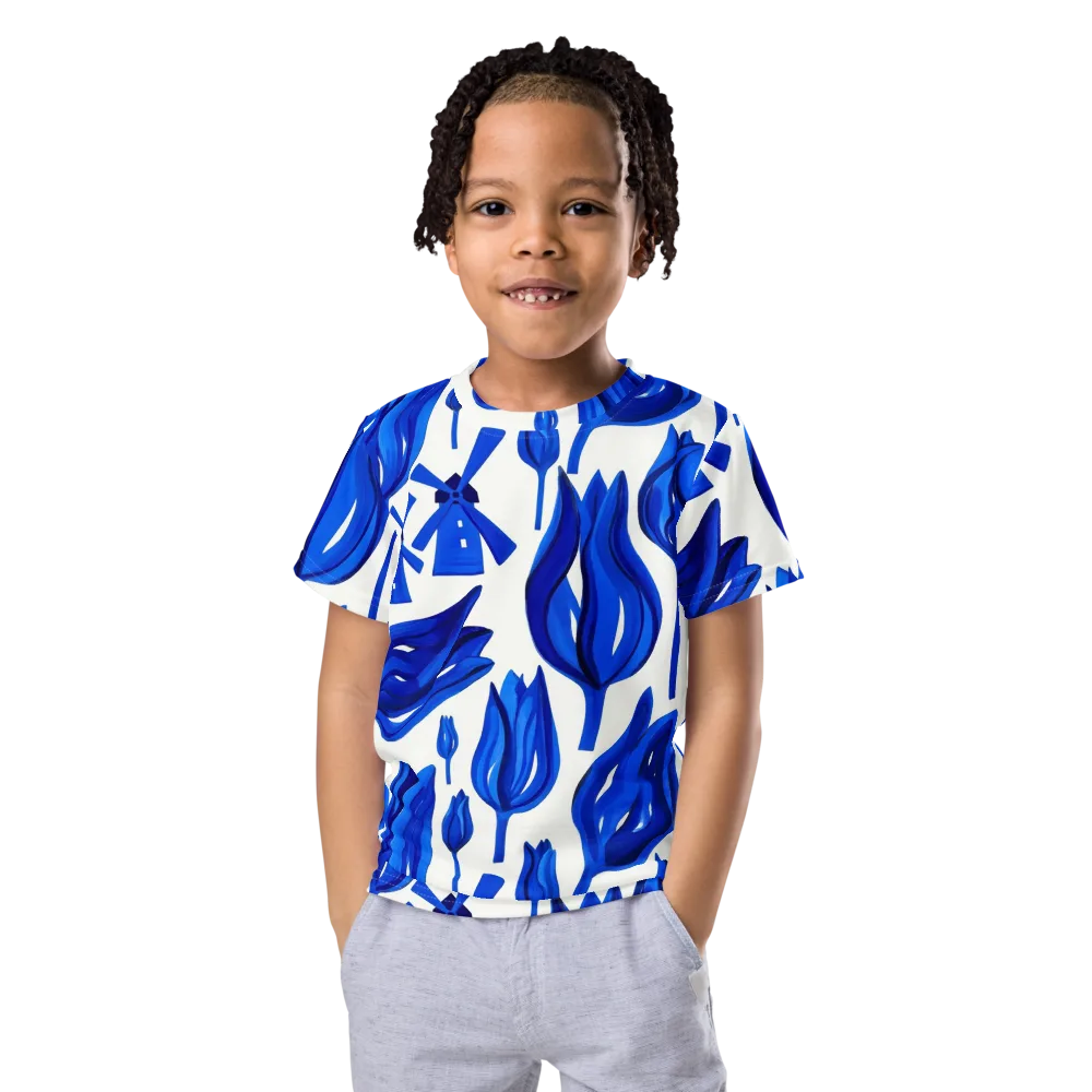 Cobalt Tulip Windmill on Kids Crew Neck T-Shirt — Front
