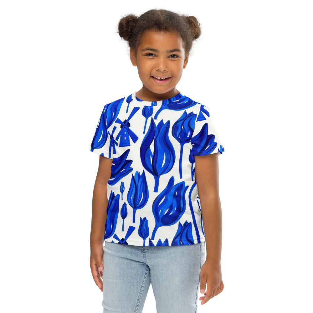 Cobalt Tulip Windmill on Kids Crew Neck T-Shirt — Front
