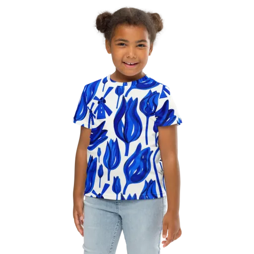 Cobalt Tulip Windmill on a Kids Crew Neck T-Shirt