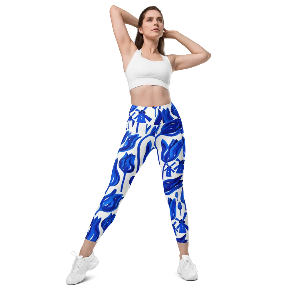 Cobalt Tulip Windmill on Leggings with Pockets — Front