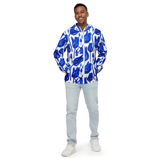 Cobalt Tulip Windmill on a Men's Windbreaker