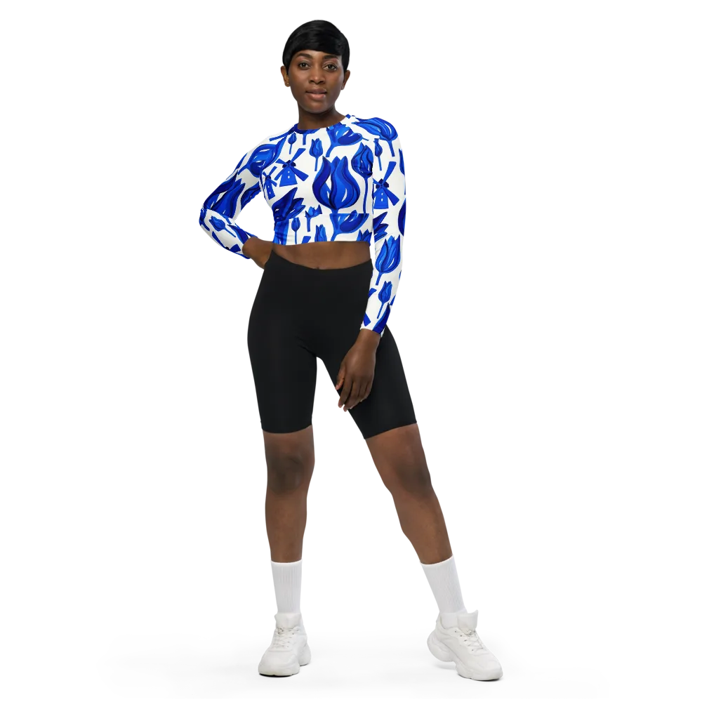 Cobalt Tulip Windmill on Long Sleeve Crop Top — Front