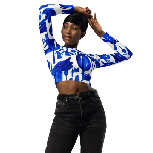 Cobalt Tulip Windmill on a Long Sleeve Crop Top