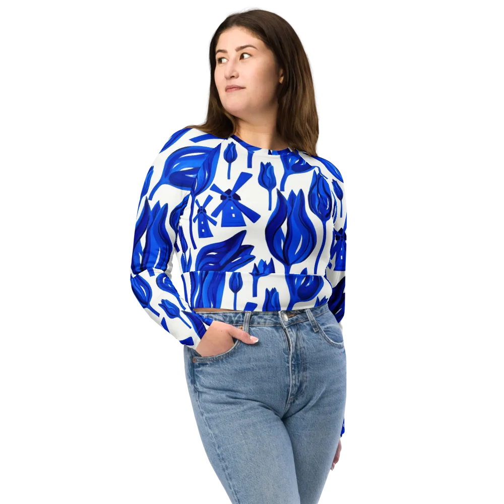 Cobalt Tulip Windmill on Long Sleeve Crop Top — Front
