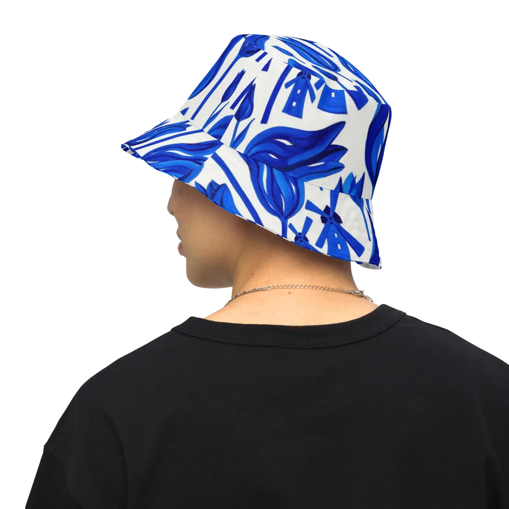 Cobalt Tulip Windmill on Reversible Bucket Hat — Back Inside
