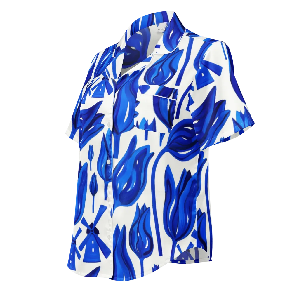 Cobalt Tulip Windmill on Women's Short Sleeve Pajama Top — Left Front