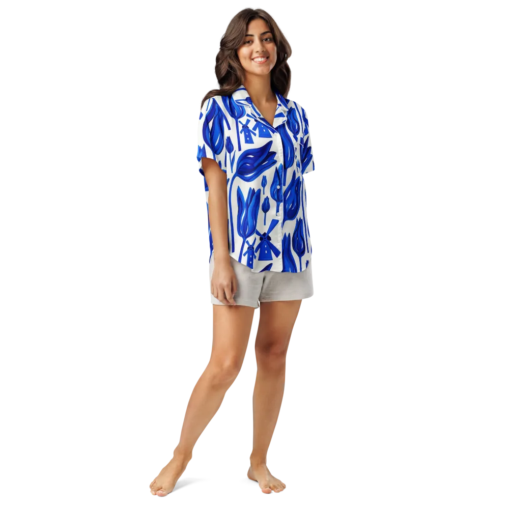 Cobalt Tulip Windmill on Women's Short Sleeve Pajama Top — Front