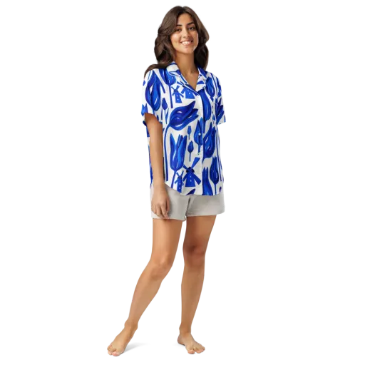 Cobalt Tulip Windmill on a Women's Short Sleeve Pajama Top