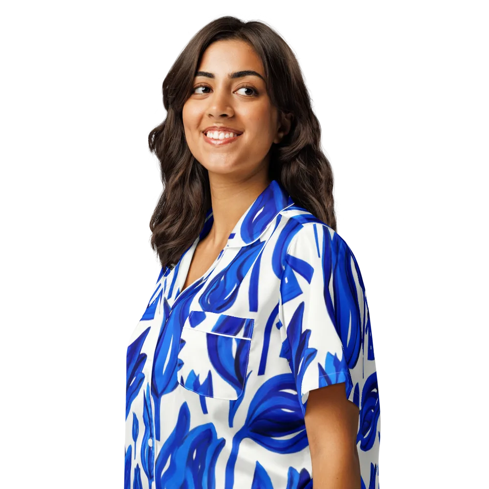 Cobalt Tulip Windmill on Women's Short Sleeve Pajama Top — Left Front