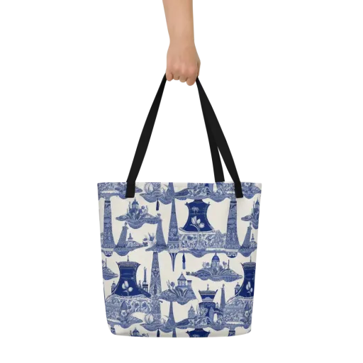 Cobalt Cabinet Garden on a Large Tote Bag W/ Pocket
