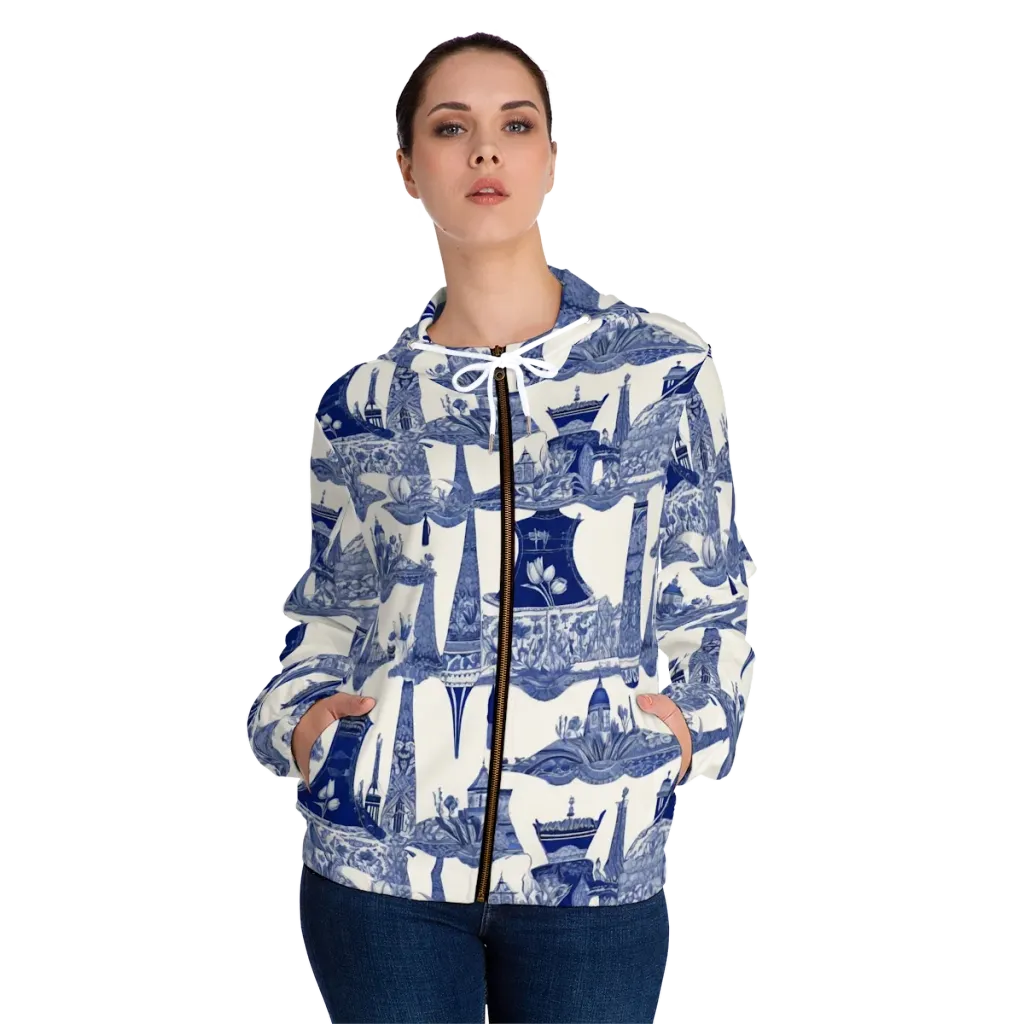 Cobalt Cabinet Garden on Women's Full-Zip Hoodie — Front On Person